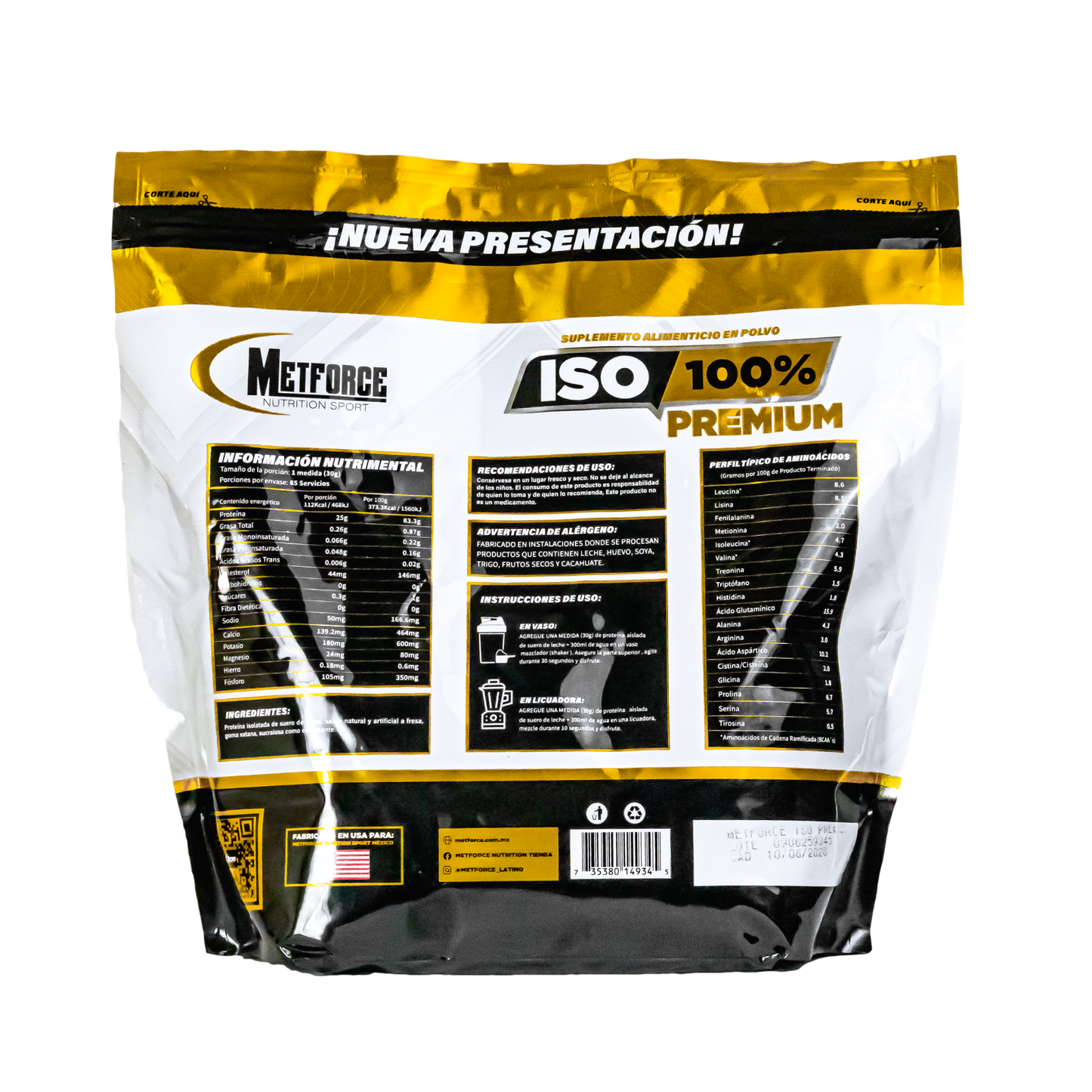 PROTEINA ISO 100% PREMIUM METFORCE 85 Servs